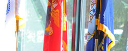 Flags of military branches in front of a window