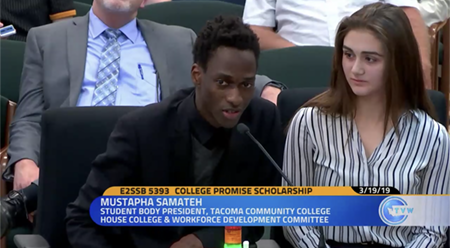 Mustapha testifying on the Washington College Promise Scholarship bill