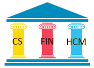 3 Ionic columns representing the 3 ctcLink Pillars. Yellow for CS, red for FIN and blue for HCM.