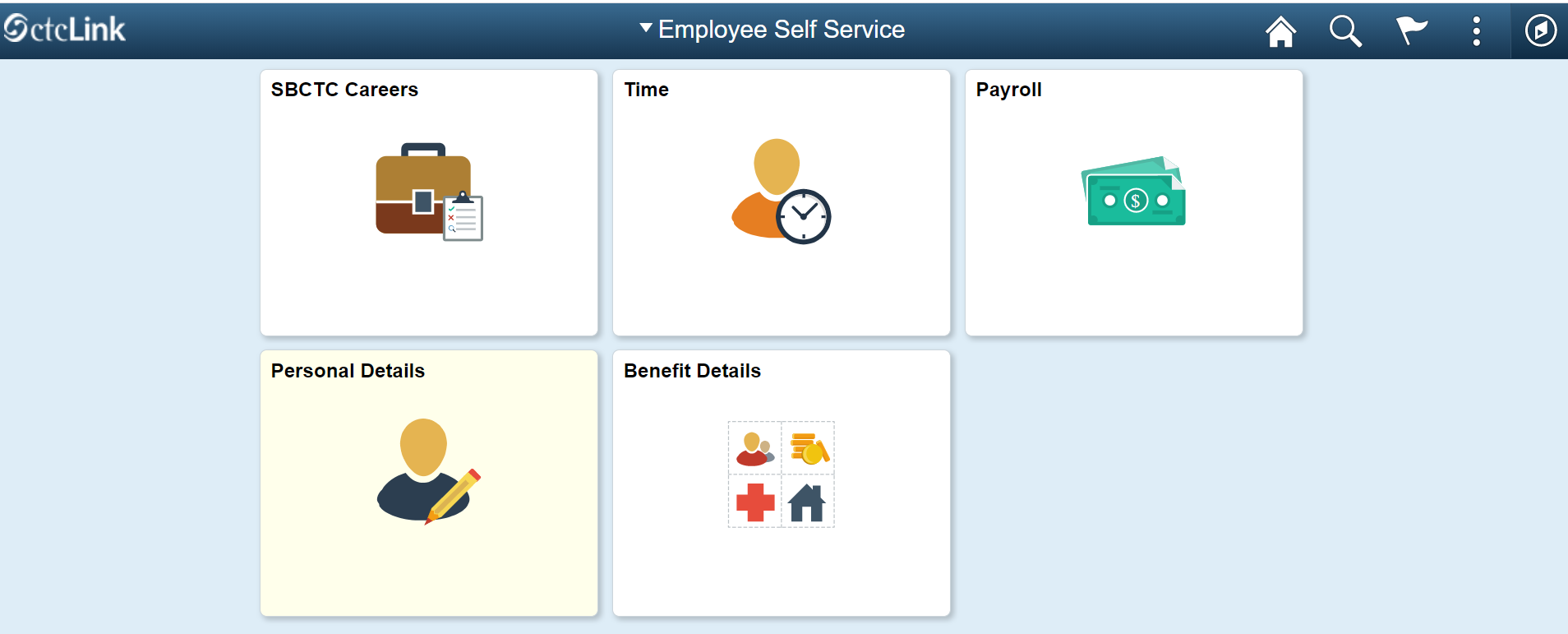 ctcLink Employee Self-Service page: Includes tiles for SBCTC Careers, Time, Payroll, Personal Details, Benefit Details