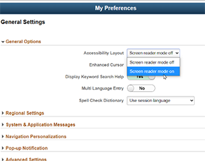 Screen shot showing expanded Accessibility Layout field with screen reader on/off options