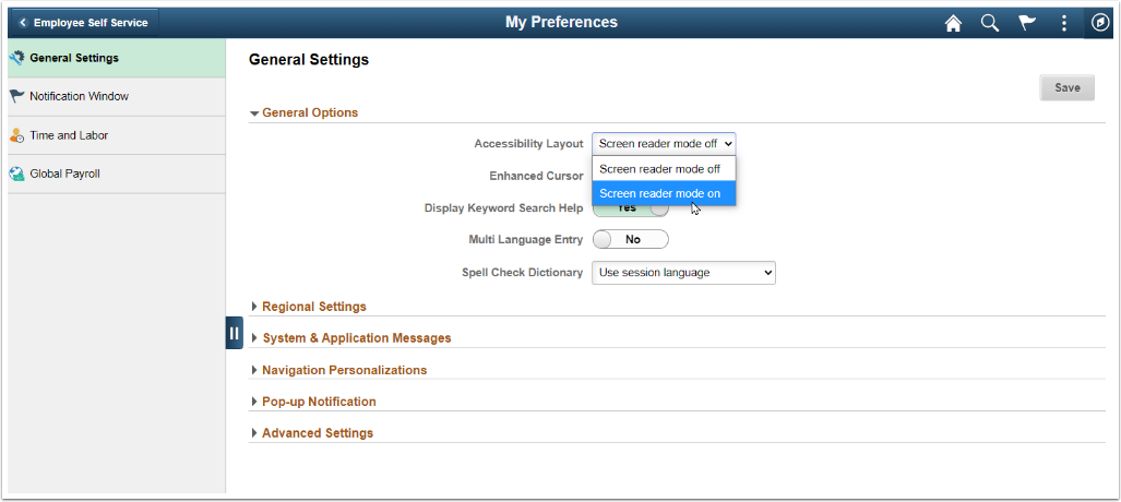 Screen shot showing expanded Accessibility Layout field with screen reader on/off options
