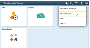 Screen shot of tile page showing My Preferences tab in drop down