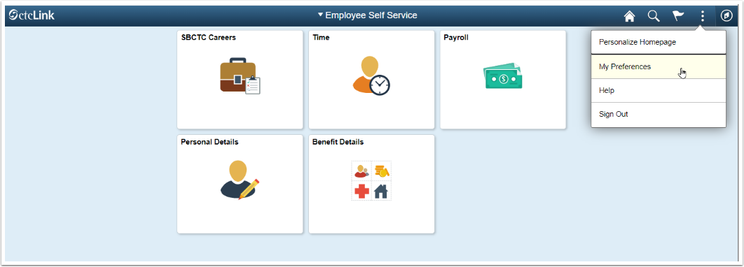 Screen shot of tile page showing My Preferences tab in drop down
