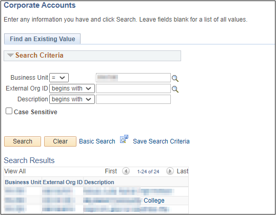 Access corprate accounts find an existing value