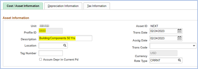 Cost asset description