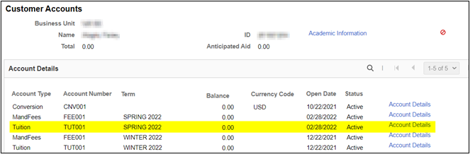 Customer account details