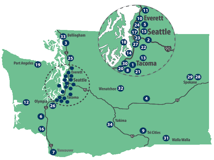 Washington State Commmunity and Technical College Locations Image of Washington state, with Community College locations numbered